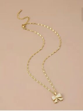 Gold Tone Bow Pendant Necklace Simulated Diamond Pavé, Adjustable 15.75-17.72"